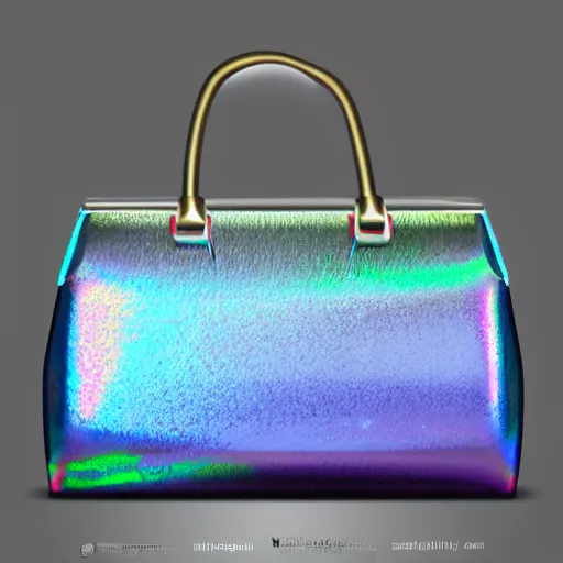 Prompt: a cool designer bag, iridescent color, fashion shooting, photorealistic symmetrical, studio photo