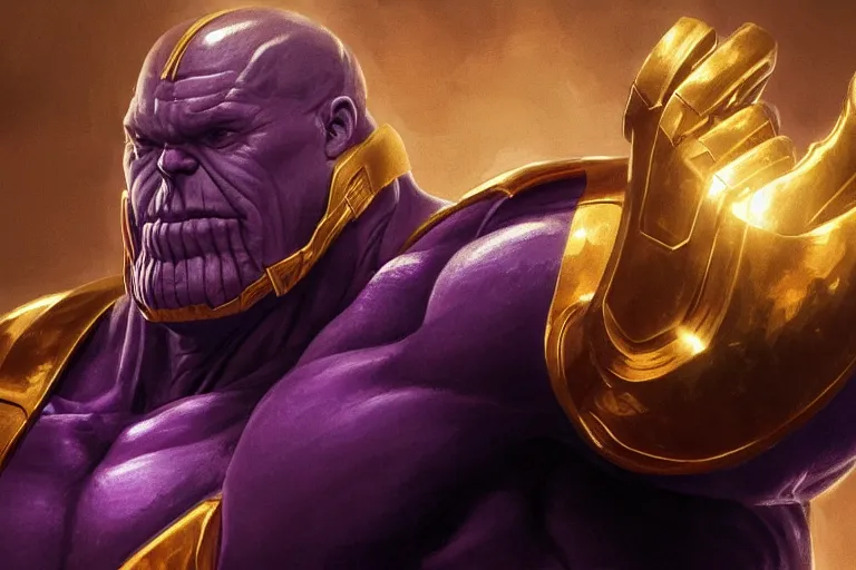 Prompt: Thanos wearing golden armor smirking while raising his fist in the air, trending on Artstation, highly detailed, HD wallpaper, 4k, photorealistic, digital art, art by artgerm and Greg Rutkowski and Alphonse Mucha
