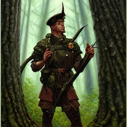 Prompt: male soldier in the forest, by gerald brom!!!, D&D, fantasy, intricate, elegant, highly detailed, digital painting, artstation, concept art, matte, sharp focus, illustration