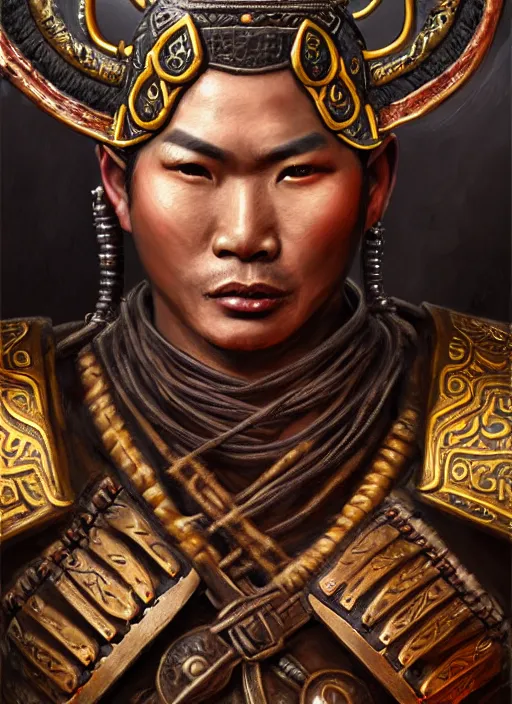 Prompt: tai warlord, closeup portrait, historical, ethnic group, traditional costume, bronze thai 👑, leather shoulder armor, fantasy, intricate, with dong son bronze artifacts, beads cross onbare chest, elegant, loin cloth, highly detailed, oill painting, artstation, concept art, matte, sharp focus, illustration, hearthstone, art by earl norem