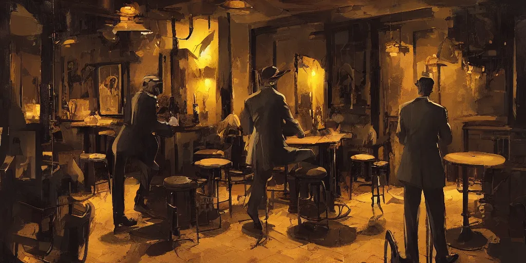 Image similar to a biped rabbit enters into a 4 0 s jazz club, warm color palette, night time, dramatic lighting, noir film, character sheet, fine details, high contrast, blacksad, kim jung gi, greg rutkowski, trending on artstation, 8 k, front view, back view, ultra wide angle