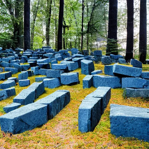 Prompt: a forest of trees made out of stone bricks with blue leaves