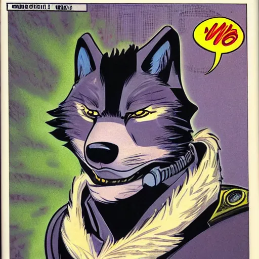 Image similar to 1 9 8 0 s comic book cover scan featuring a portrait of villain male wolf o'donnell anthropomorphic wolf furry fursona from starfox wearing a dark space mercenary uniform, dark grey wolf, handsome eyes, wolf o'donnell