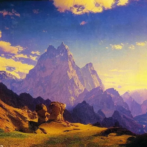 Image similar to wonderful alpine mountain valley, swiss, soft dynamic clouds astral appearance, cinematic light, sublime, colorful, light shafts, dramatic light, by august malmstrom, russian painters, mucha, disney, global illumination, rule of thirds, perfect central composition