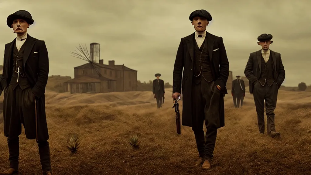 Image similar to the peaky blinders with prickly pears heads, film still from the movie directed by denis villeneuve with art direction by zdzis