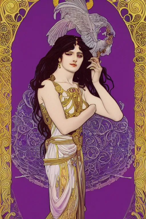 Prompt: thanatos, god of peaceful death, closed eyes, long hair, wearing ornate silk and lace clothes, gold jewelry, moon, purple feathers, by Alphonse Mucha, by artgerm, rule of thirds, super detailed, 8k