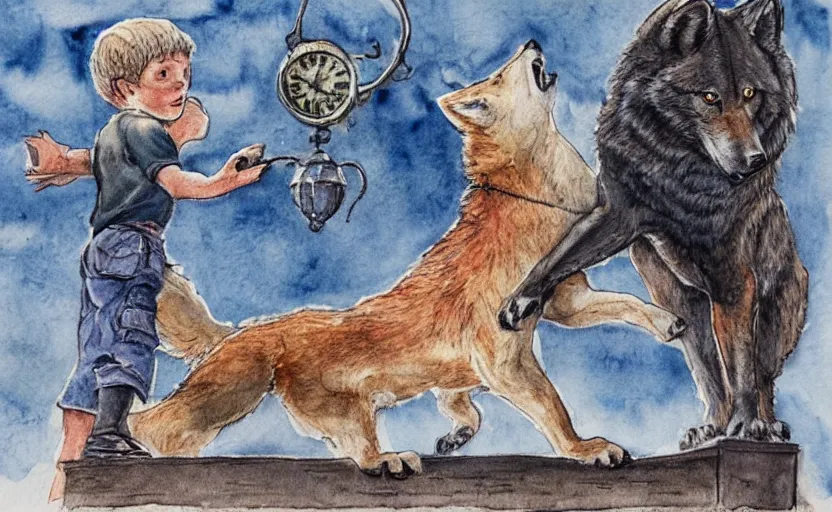 Prompt: a boy fighting a wolf on the edge of a clocktower, by taylor barron, watercolor, print