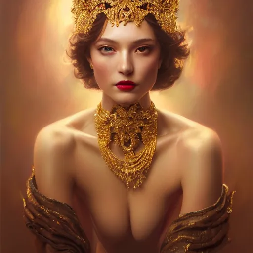 Prompt: expressive oil painting, of alluring european princess, seductive look, smirk, smooth glowing skin, glistening body, love, adoration, ornate headpiece made from jewels, glamour shot, by yoshitaka amano, by greg rutkowski, by jeremyg lipkinng, by artgerm, digital art, octane render, sexy aesthetic