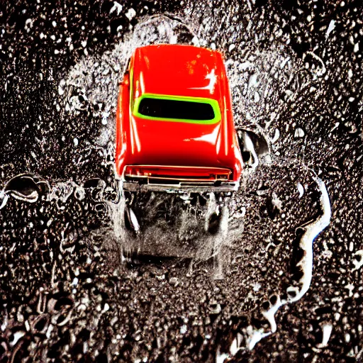 Prompt: macro photography of a hot wheels car driving through a puddle, 3 5 mm