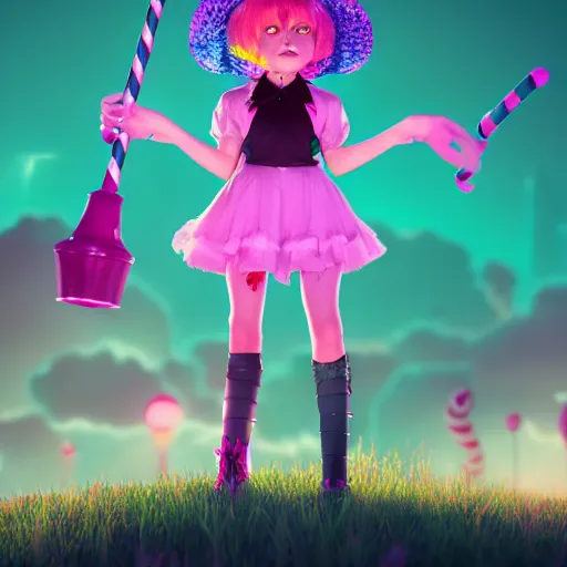 Image similar to candypunk young witch, character design, high quality digital art, render, octane, redshift, volumetric lighting, oled