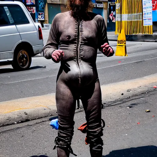 Image similar to uhd candid photo of dirty, homeless shie lebeouf wearing bizarre codpiece, ranting in a gimpsuit in the street. skid row. correct face, accurate face, exaggerated features, intricate details, intricate gimpsuit, hyperdetailed, accurate face. photorealistic. photo by annie leibowitz