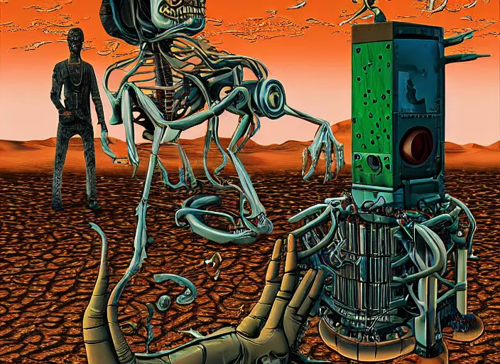 Prompt: Desert of Distortion, surreal digital painting of a strange mechanical device and a zombie in desert by Jeffrey Smith