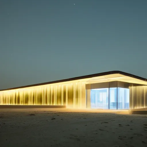 Image similar to building in a desert at night, minimalist architecture, neon lights, james turrel,