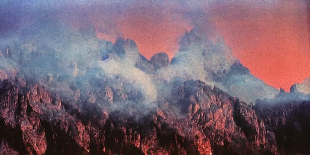 Prompt: 1 9 2 0 s color spirit photography 9 1 1 1 2 1 of alpine red sunrise in the dolomites, smoke from mountains, fire, by william hope, beautiful, dreamy, grainy