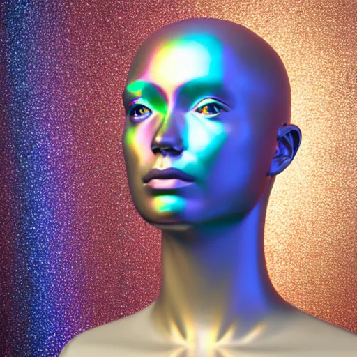 Image similar to 3d render of holographic human robotic head made of glossy iridescent, surrealistic 3d illustration of a human face non-binary, non binary model, 3d model human, cryengine, made of holographic texture, holographic material, holographic rainbow, concept of cyborg and artificial intelligence