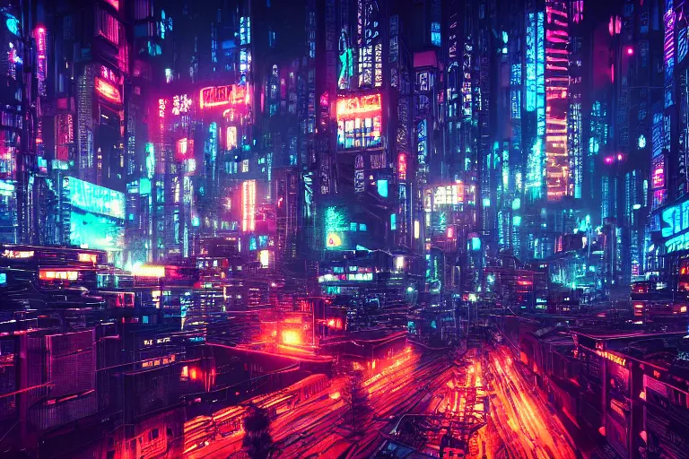 Image similar to dense and detailed dystopian cyberpunk city skyline at night, multicolored neon lights, 8k