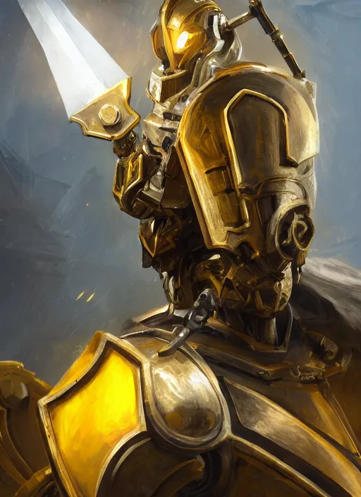 Image similar to dynamic attack position abstract portrait of a intricate glorious holy mechanical warforged character in yellow armor holding a paladin engraved great longsword drawn and carrying a big paladin shield, floodlight in middle of face , face in focus, epic , trending on ArtStation, masterpiece, cinematic lighting, by Ross Tran and by Greg Rutkowski