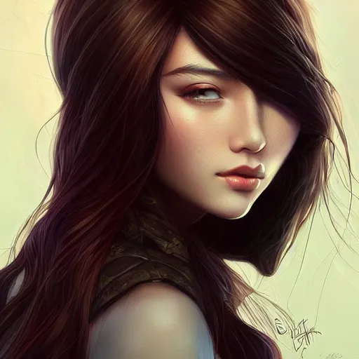 Image similar to teen girl, long black hair, gorgeous round face, brown pollover, amazing, elegant, intricate, highly detailed, digital painting, artstation, concept art, sharp focus, illustration, art by ross tran