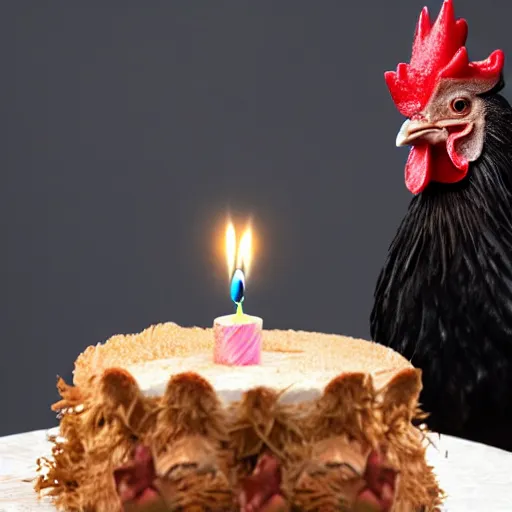 Prompt: a hatchling chick and a rooster together next to a birthday cake having 3 candles