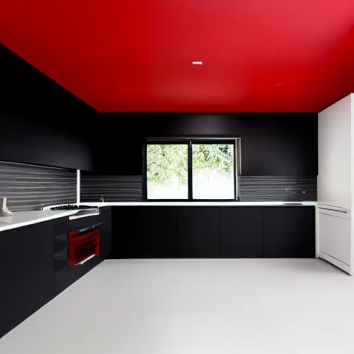 Image similar to photo of black, matte kitchen fronts surfaces and furniture, dark red walls at the back, white floor tiles on the ground, white ceiling, architecture, concept art