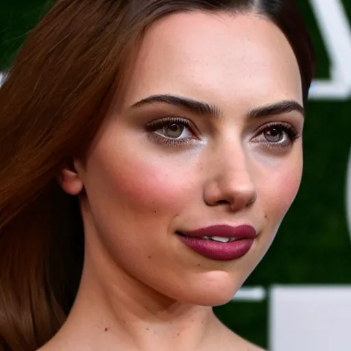 Image similar to a woman who is a genetic combination of kim kardashian and kat dennings and scarlett johansson and margot robbie and emma watson, face and upper - body focus