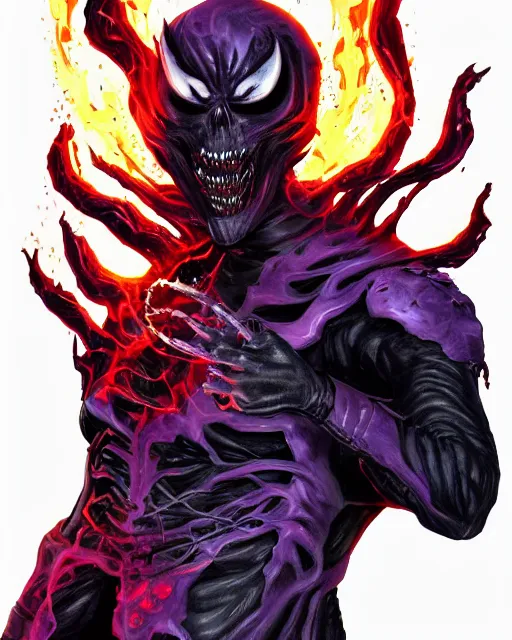 Image similar to ghost rider symbiote, purple and red variant, dynamic lighting, fantasy concept art, trending on art station, stunning visuals, creative, cinematic, ultra detailed, comic strip style