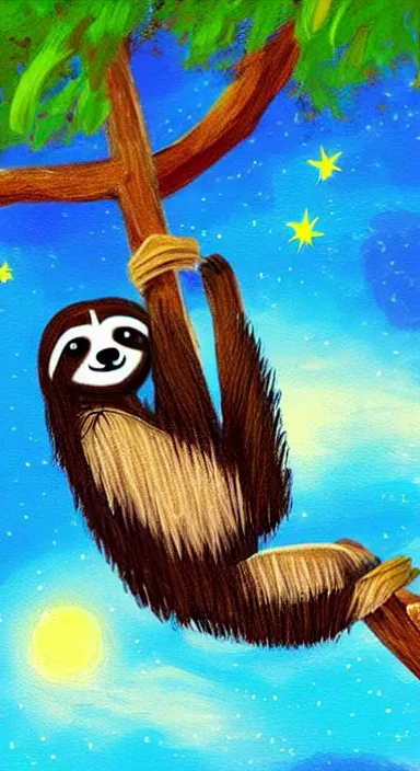 Prompt: a cute sloth hanging on a tree on a beautiful night with stars, everything made of thick flowing dramatic brush strokes, impressionist, matte colors, trending on artstation