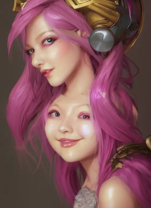 Image similar to joyful seraphine, from league of legends, pink hair, au naturel, studio microphone, new musical instruments, hyper detailed, digital art, trending in artstation, cinematic lighting, studio quality, smooth render, unreal engine 5 rendered, octane rendered, art style by klimt and nixeu and ian sprigger and wlop and krenz cushart