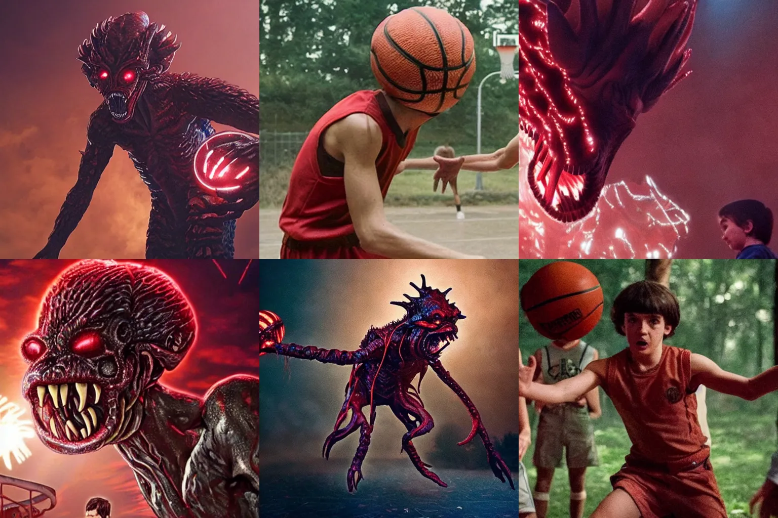 Prompt: Photo of a Demogorgon playing basketball in Stranger Things