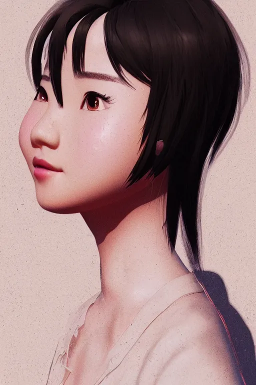 Image similar to a portrait of cute Asian girl singing, short stylish hair in the style of DreamWorks animation, side view, low angle view, 16mm lens, award winning, hyper detailed, studio lighting, artstation, octane renderer, unreal engine