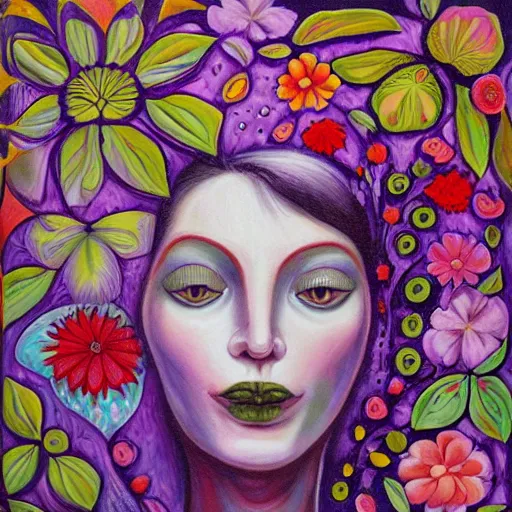 Prompt: a painting of a woman's face surrounded by flowers, a surrealist painting by alice mason, deviantart, psychedelic art, psychedelic, biomorphic, detailed painting