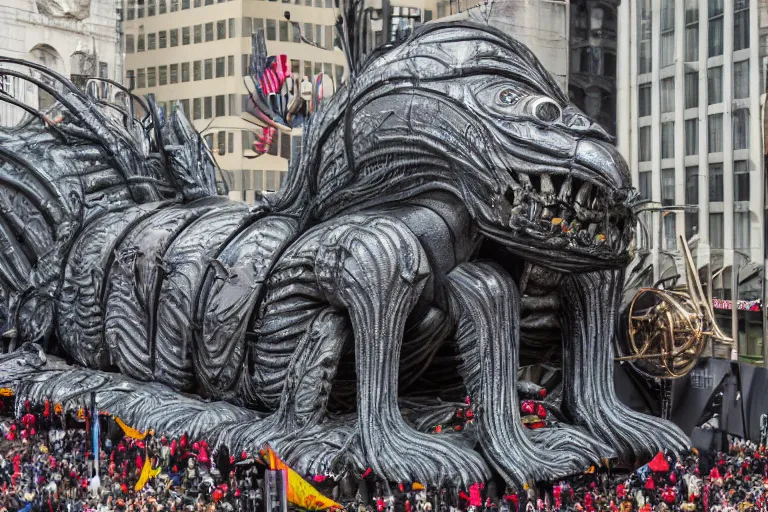 Prompt: photo of giant parade float designed by wed anderson and hr giger, in the macys parade, detailed 4 k photo
