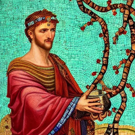 Prompt: incredibly beautiful, colorful, graceful, elegant and sophisticated, detailed majestic portrait of ancient roman emperor probus holding a vine cup in zeugma mosaic, many small and colorful stones, extreme detail, grapevines and vine foliage details