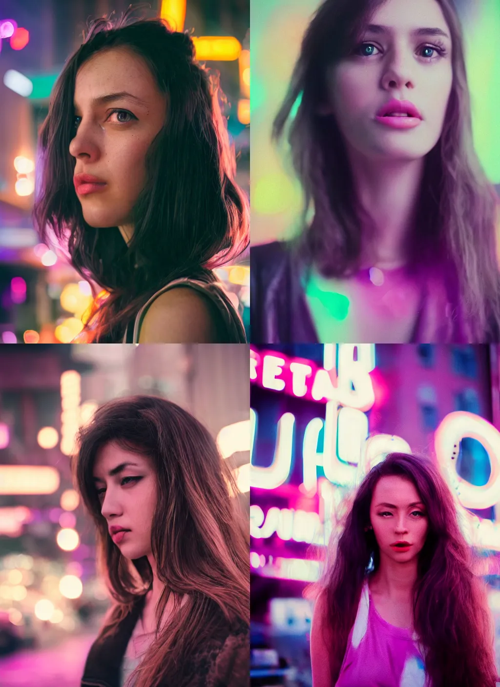 Prompt: A hyper realistic and detailed head portrait photography of a woman. In the background there is a purple neon sign that says GIRLS. Neo noir style. High quality. Cinematic. Swirly bokeh. Cinestill 800T film. Depth of field. Lens flare.