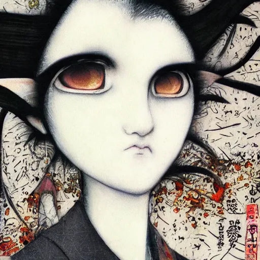 Image similar to yoshitaka amano blurred and dreamy realistic illustration of a woman with black eyes and white hair wearing dress suit with tie, junji ito abstract patterns in the background, satoshi kon anime, noisy film grain effect, highly detailed, renaissance oil painting, weird portrait angle, blurred lost edges, three quarter view