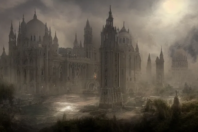 Prompt: wide shot of heaven, holy, people, oman, gothic, bulldings, streets, lakes, white, perfect 4 k, smokey, ole thomas style, giovanni paolo panini style epic, volumetric, symmetrical, extremely detailed, environment, insanely detailed, style of charlie bowater, kelly mckernan, unreal engine render, flying angels, concept art