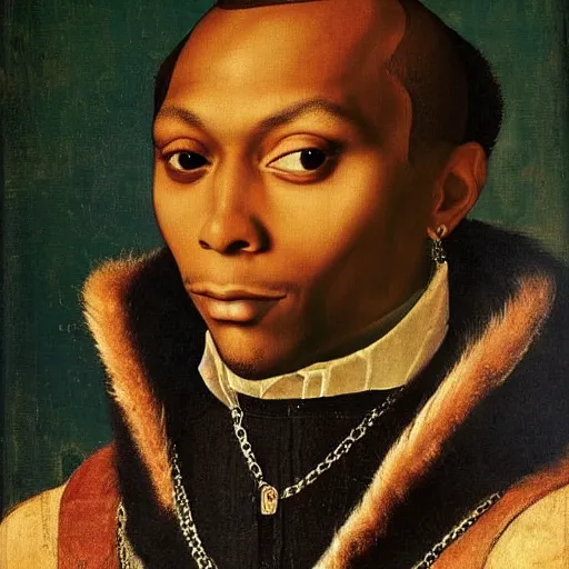 Image similar to a renaissance portrait painting of soulja boy by giovanni bellini