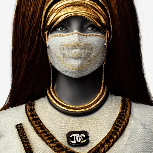 Image similar to portrait of masked dune dynasty with chanel clothes, white background, chanel logo, 8 k, symmetrical, 3 d render, octane render, insane details