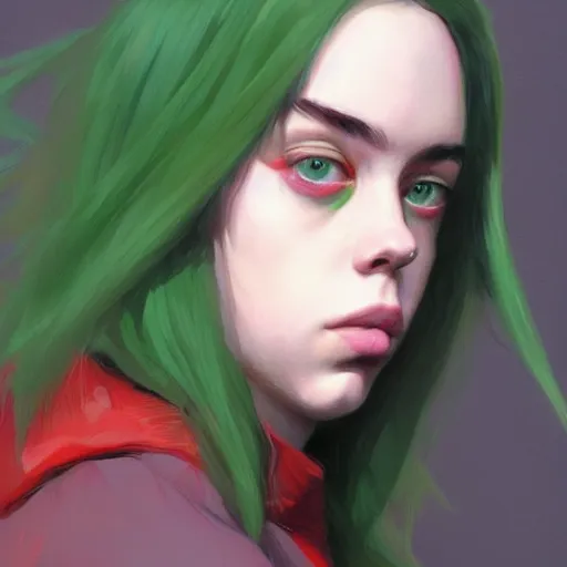 Prompt: portrait of billie eilish, green hair, future, by greg rutkowski, colorful, trending on artstation,