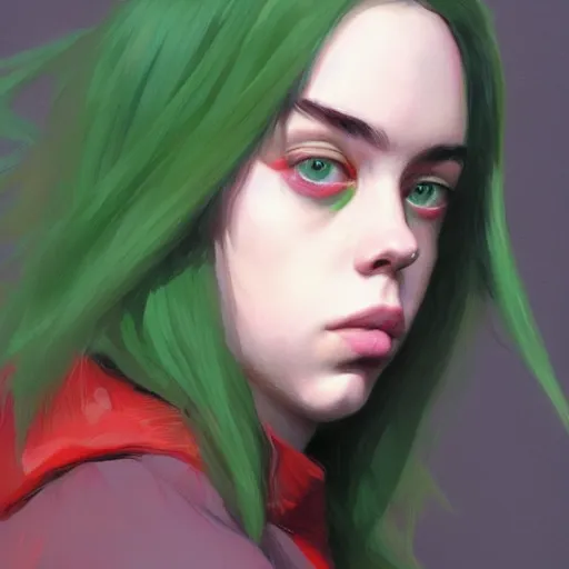Image similar to portrait of billie eilish, green hair, future, by greg rutkowski, colorful, trending on artstation,