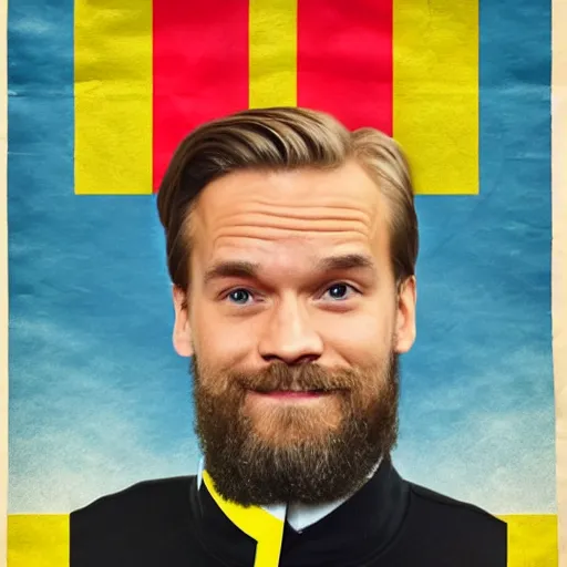 Image similar to Swedish propaganda poster of PewDiePie with the flag of Sweden in the background