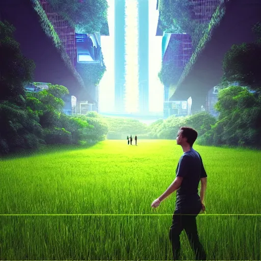 Prompt: a man walking across a lush green field, cyberpunk art by beeple, cgsociety, retrofuturism, synthwave, retrowave, outrun