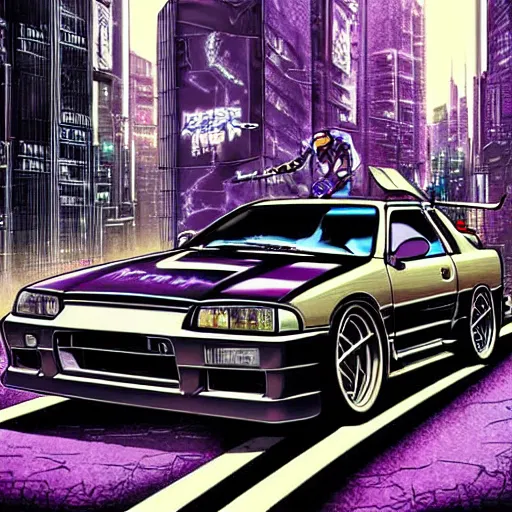 Prompt: beautiful hyper-detailed full colour manga illustration of a robot ninja warrior with a sword, driving through the city, in a modified Nissan skyline r34, cyberpunk, dystopian