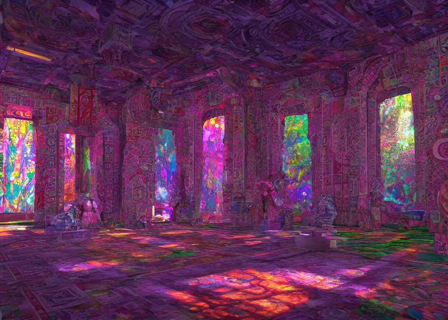 Prompt: interior of an LSD temple, playstation videogame render, 4k, artstation