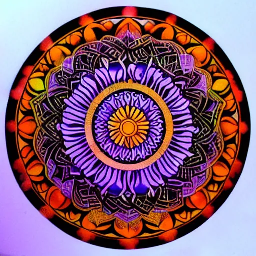 Prompt: a sun and moon mandala, tattoo style, color restoration, orange purples reds, glowing, double exposure, high quality ink