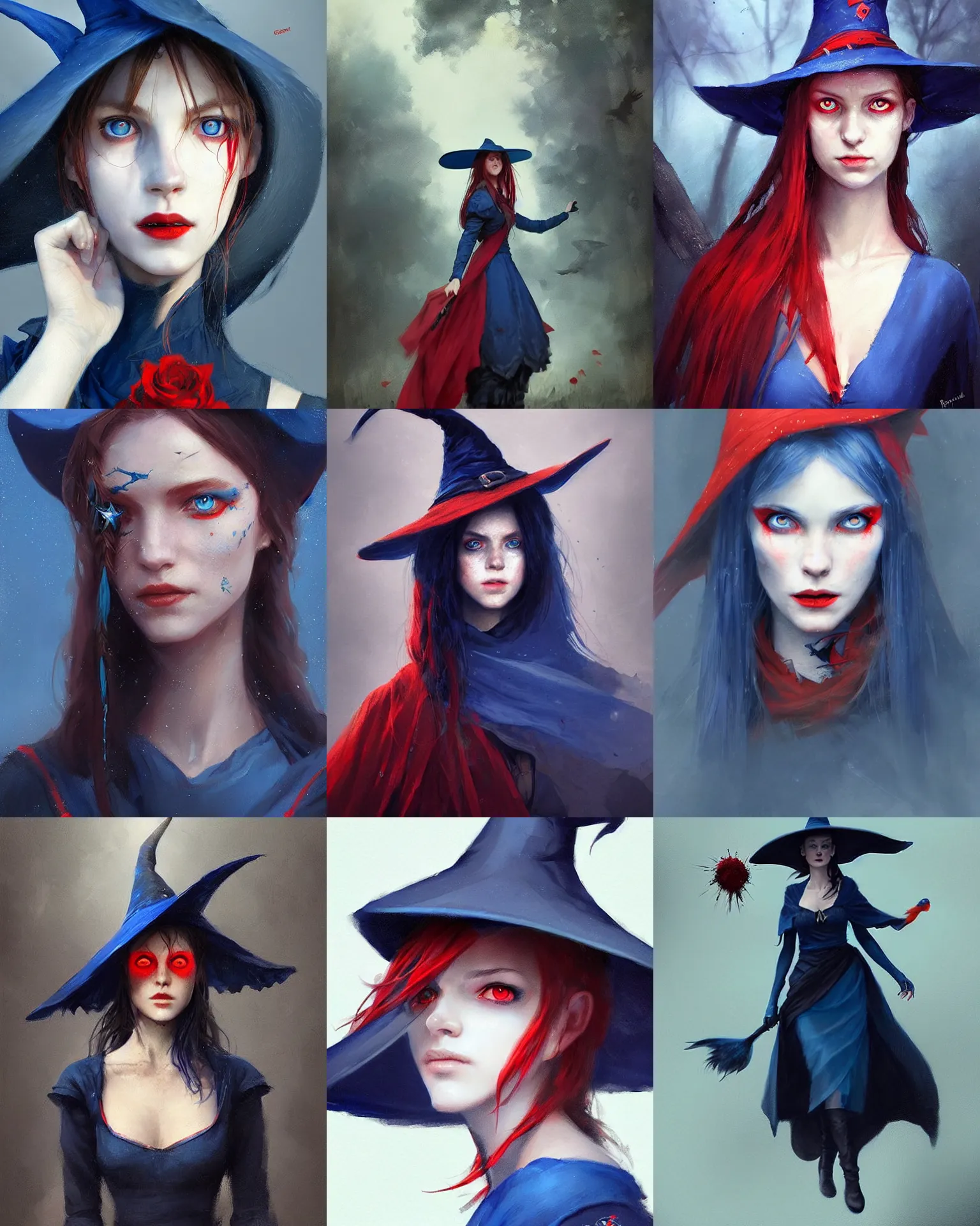 Prompt: a beautiful portrait of a witch, red-eyes, blue-dress!!!!!! and blue-hat, by Greg Rutkowski and Raymond Swanland, Trending on Artstation, ultra realistic digital art