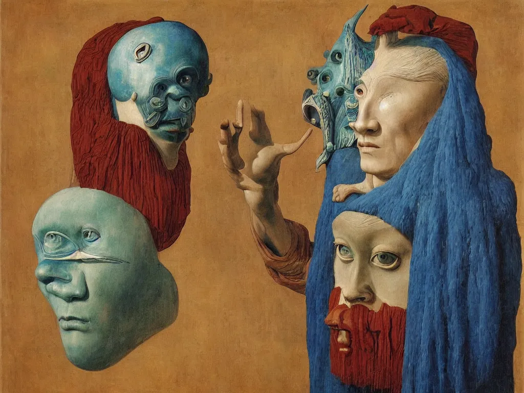 Image similar to portrait of albino mystic with blue eyes, with beautiful exotic, archaic, prehistoric, simple, giant Oceanian mask, sculpture. Night. Painting by Jan van Eyck, Audubon, Rene Magritte, Agnes Pelton, Max Ernst, Walton Ford