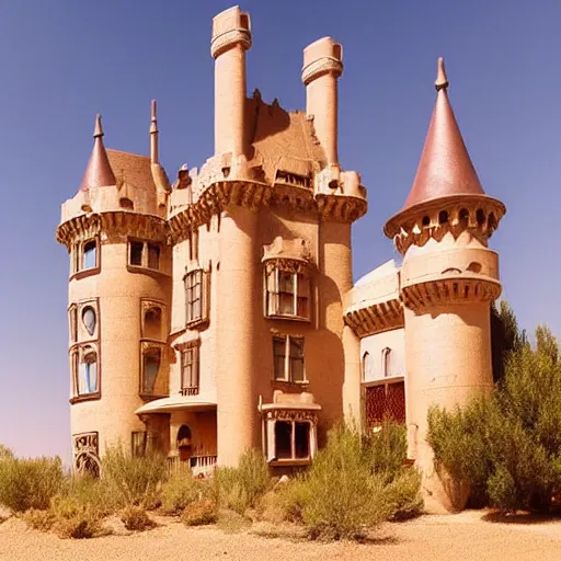 Prompt: A victorian castle in the middle of the desert, in the style of ghibli