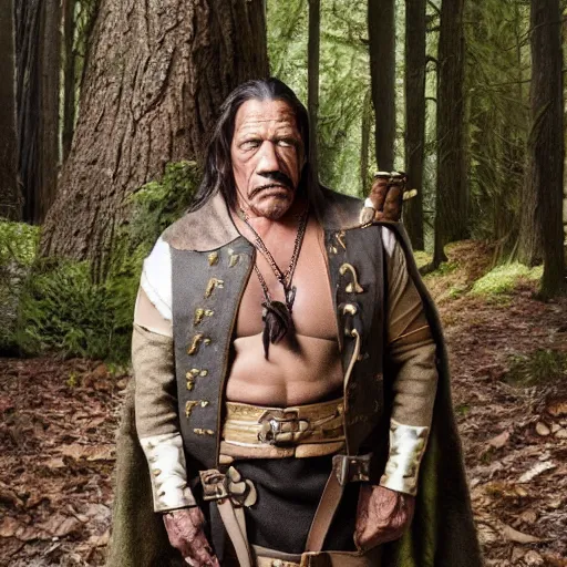 Image similar to danny trejo as snow-white i a magical forest