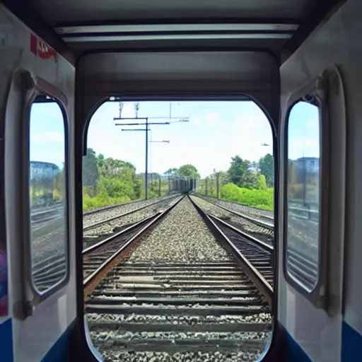 Prompt: a inside of a train hallway the train hallway is empty and train is moving the window view is a sunset view of a beautiful landscape